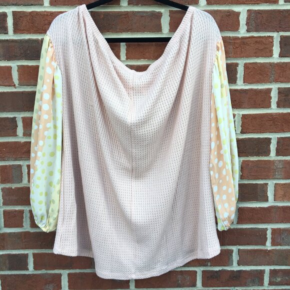 Oddi Waffle Knit Top Womens 2X Peach with Polka Dot Balloon Sleeve Whimsical - Picture 2 of 11